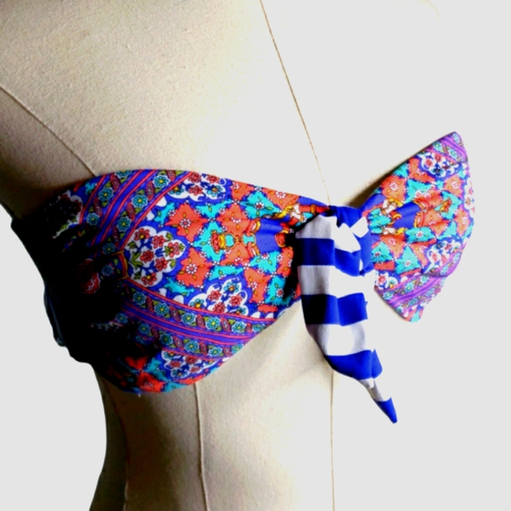 OndadeMar Tropical Banddeau Swim Attachable Ditsy Straps Contrast Stripe NWT M